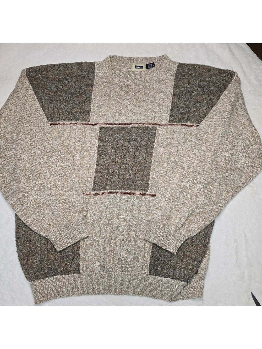 Vintage Haggar Grandpacore Geometric Patchwork Knit Sweater Earth Tone XL